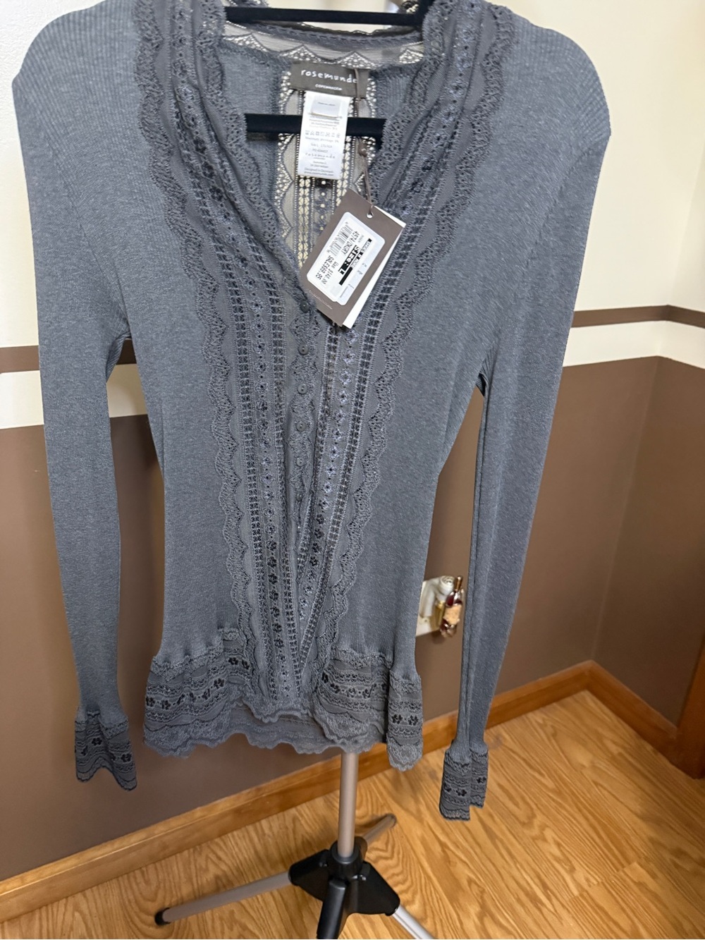 Rosemunde Gray Lace-Trim Long Sleeve Silk and Cotton Cardigan NWT Size L